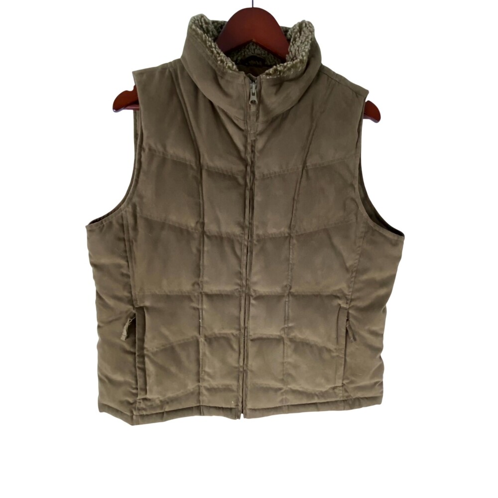 L.L. Bean Goose Down Jacket Womens XL Brown Faux Fur Collar Full Zip Sleeveless